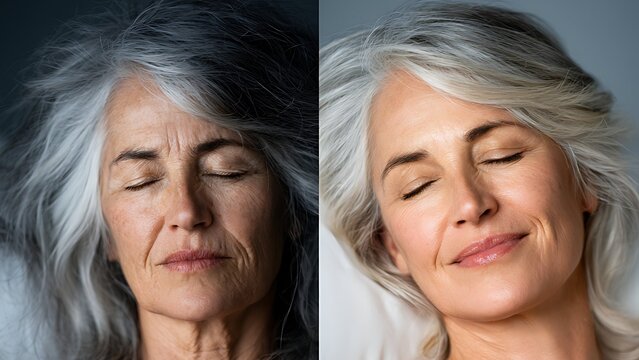 Senior woman sleep quality transformation before and after anti aging split screen diptych