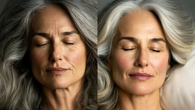 Senior woman sleep quality transformation before and after anti aging split screen diptych