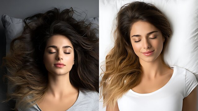 Young woman sleep quality transformation before and after anti aging beauty split screen diptych