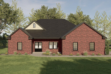 Obraz premium Modern Red Brick House Exterior with Green Lawn and Blue Sky Architectural 3D Render