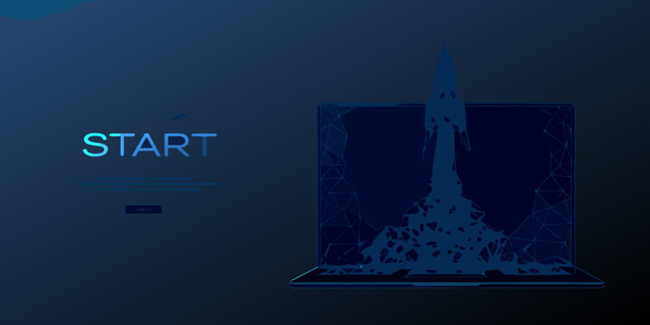 Blue wireframe rocket launching with start button digital illustration on dark background