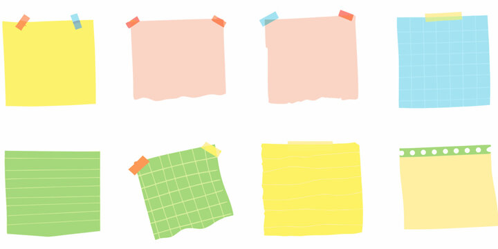 collection of pastel hand drawn sticky notes with tape isolated on white