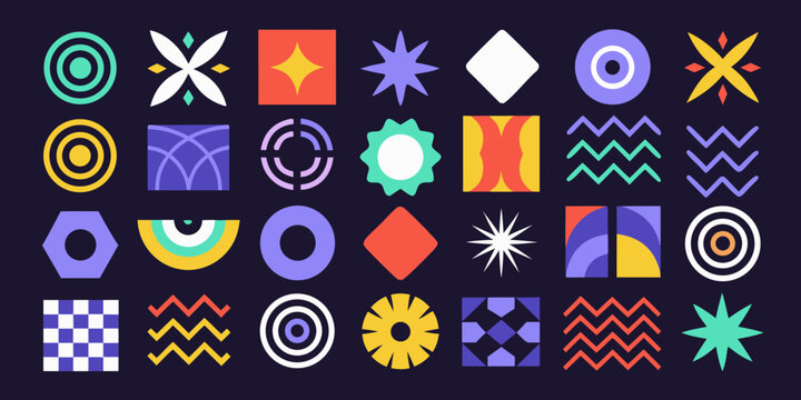 abstract geometric pattern collection with colorful shapes on a dark background