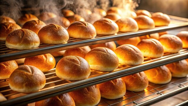 Freshly baked golden brown bread rolls cooling on a metal rack inside a commercial oven with visible steam rising