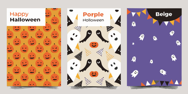 Four vertical halloween posters with pumpkins ghosts and colorful backgrounds