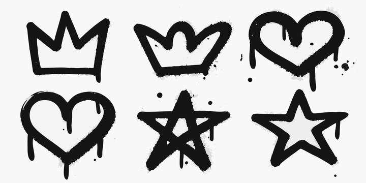 spray paint icons of a crown heart and star with dripping paint on white background