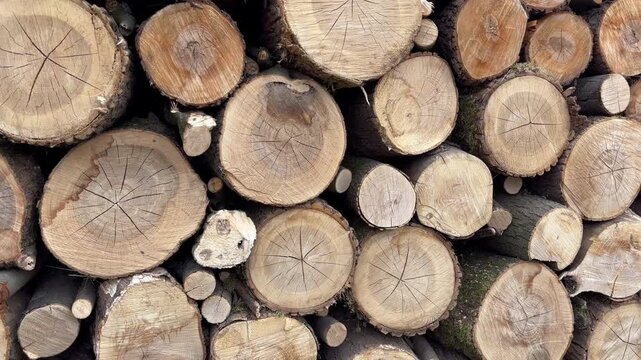 Close-up tracking shot of stacked firewood logs, camera moving parallel along cut timber pile, showcasing natural wood texture, growth rings and rustic forestry material background