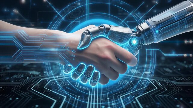 Futuristic human hand shaking robotic hand with digital technology background innovation concept