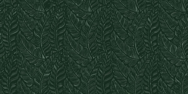 seamless pattern of overlapping dark green tropical leaves on a dark background