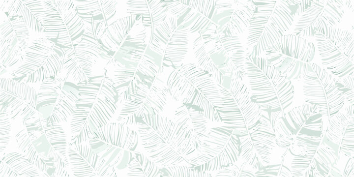 Seamless repeating pattern of delicate mint green tropical banana leaves on white background