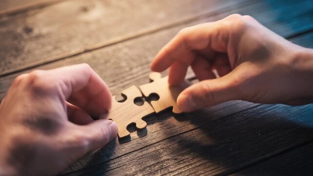 Close up of hands connecting wooden puzzle pieces on rustic wooden table symbolizing teamwork and problem solving