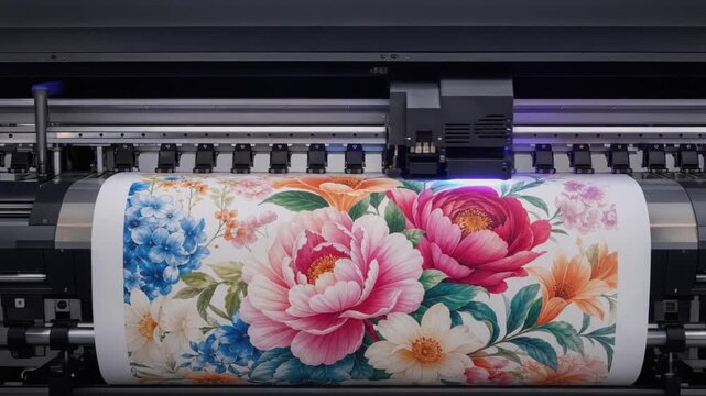 Large format floral printing on fabric with vibrant colorful flowers in printing machine