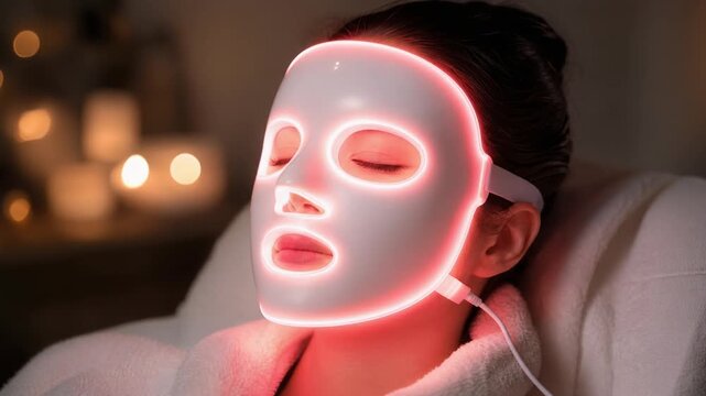 Relaxing woman using glowing LED light therapy facial mask for skincare treatment at home