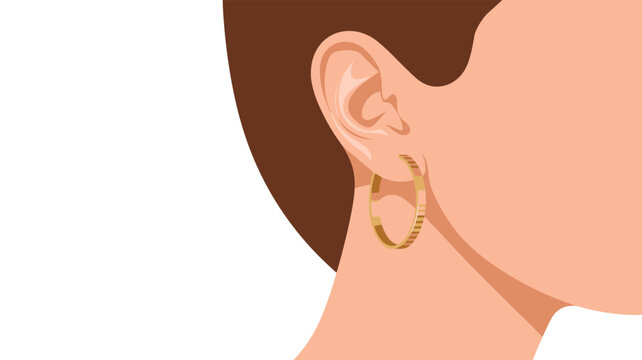 A detailed close-up shot captures a stylish thick golden hoop earring dangling gracefully from a person's earlobe against a soft and smooth peach-colored skin background.