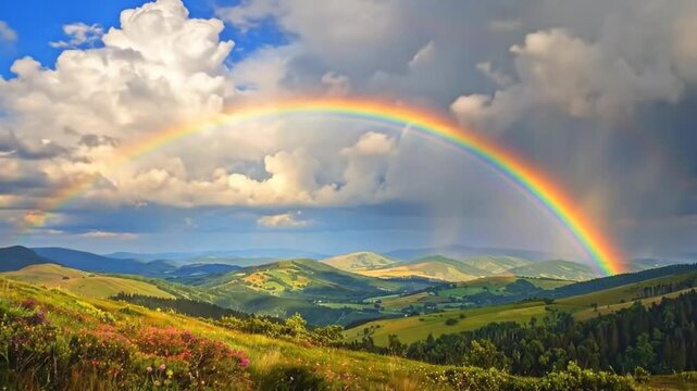 A beautiful rainbow arches over a scenic landscape with rolling hills and clouds