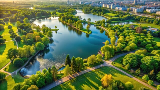 Aerial view of city park lake with green trees and walking paths