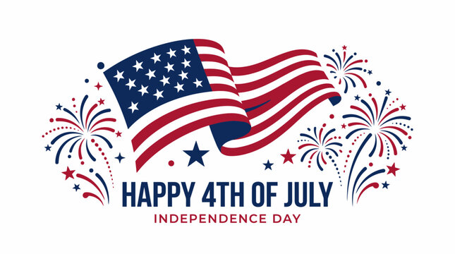 Happy 4th of July waving flag with firework bursts.