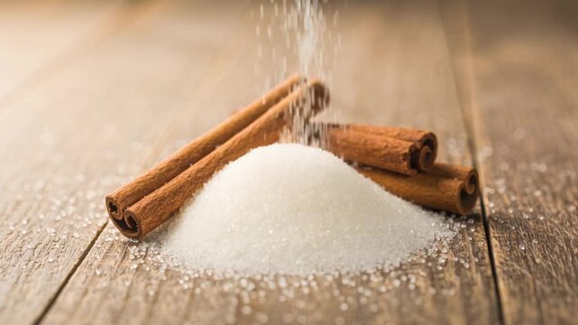 Close up of cinnamon sticks with granulated white sugar on wooden surface cooking ingredients