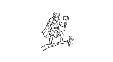 Fototapeta premium Viking Warrior with Hammer on Branch, Norse Mythology, Ancient Warrior