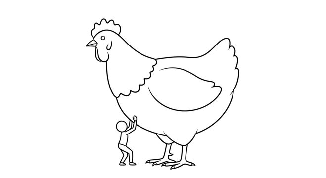 Tiny Person Under Giant Chicken, Surreal Farm Animal Concept