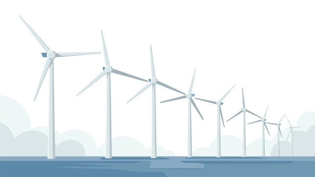A series of tall white wind turbines are lined up in a calm and tranquil blue-toned coastal landscape under a soft light sky in this modern energy production scene.