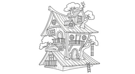Obraz premium Whimsical Treehouse Illustration: Enchanted Forest Dwelling with Rustic Charm