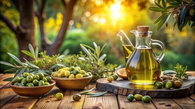 Olive oil and olives on a wooden table on a garden background