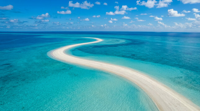 Aerial view of curving white sandbar in shallow gradient blue ocean