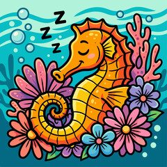 Fototapeta premium Cute sleeping seahorse surrounded by colorful flowers and coral