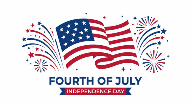Fourth of July banner with waving flag and fireworks
