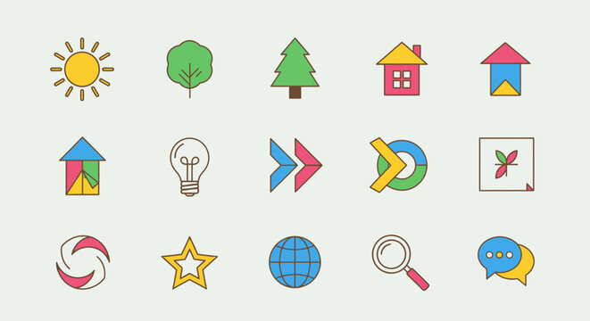 A vibrant illustration of various icons depicting everyday objects and symbols arranged on a clean background.