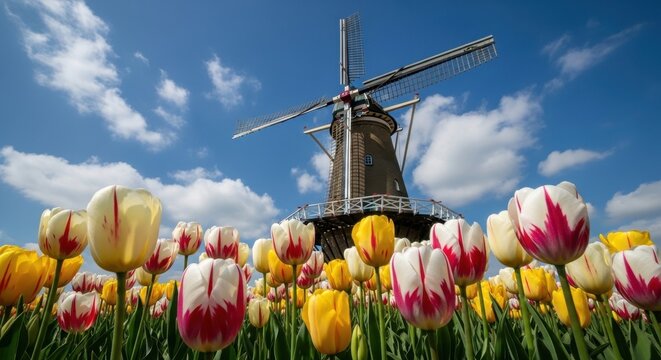 Colorful tulips bloom in a vibrant spring garden beneath a classic Dutch windmill under a bright blue sky with fluffy clouds