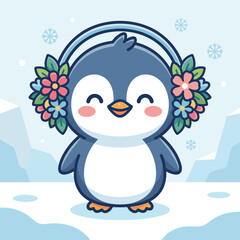 Fototapeta premium Cute penguin wearing floral earmuffs in winter