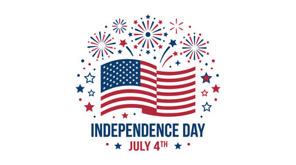Obraz premium Independence Day text with US flag and fireworks burst.