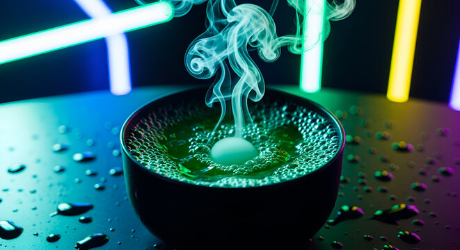 Mysterious Green Potion Emitting Smoke Under Neon Lights.