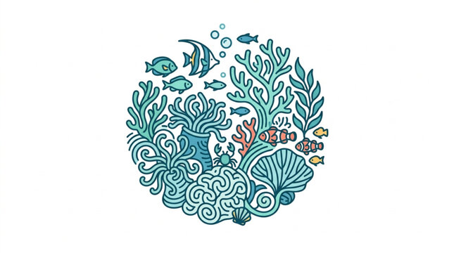 Underwater Coral Reef Scene with Tropical Fish and Marine Life.