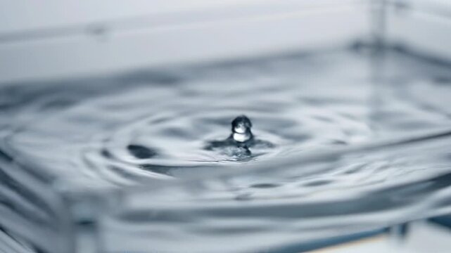 Water droplet falls into clear container, creating ripples on the surface as it impacts, followed by a view of the water's surface in motion and reflections