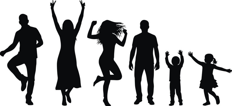 Joyful human silhouettes, family celebration vector art, children and adults illustration, lifestyle design icons, black graphic movement artwork elements