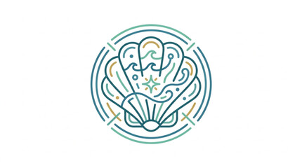 Stylized Seashell with Ocean Waves and Sun Icon. © dip