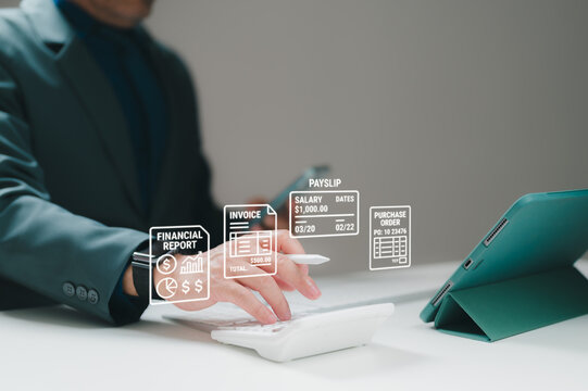 Professional male accountant operating white keyboard, holding stylus, managing digital invoice records, financial reports, purchase orders, payslips inside modern office workspace, executing.