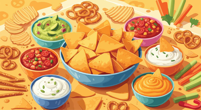 Mexican nachos and dips platter vector illustration, corn tortilla chips with guacamole and salsa bowls, party snack food background with pretzels