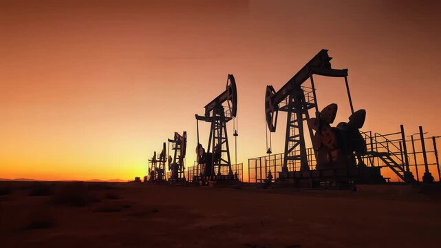 Oil pumps silhouetted against a fiery sunset sky in desert landscape