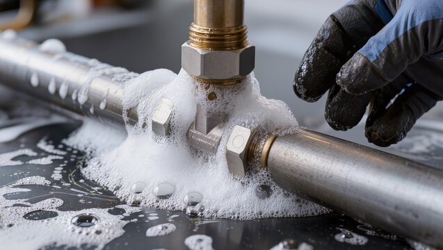 Close-up of a technician's gloved hand applying soap to a metal pipe joint with bubbles forming, showcasing maintenance work in an industrial setting