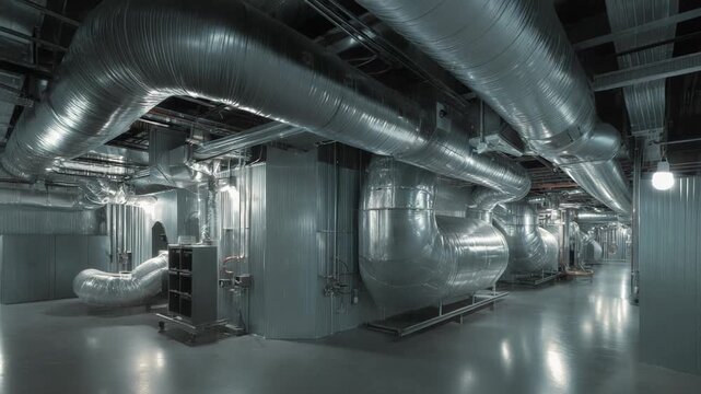 Industrial mechanical room features a network of shiny metallic air conditioning and ventilation ducts running across the ceiling and walls, creating a complex engineering infrastructure
