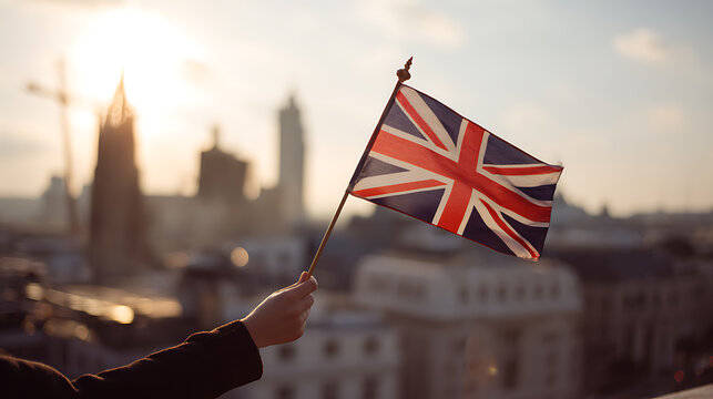 Person hold a small national flag of a commonwealth country with an urban city skyline and warm bright sunset in the background, patriotic scene