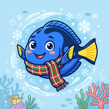 Cute blue fish wearing a scarf in winter sea