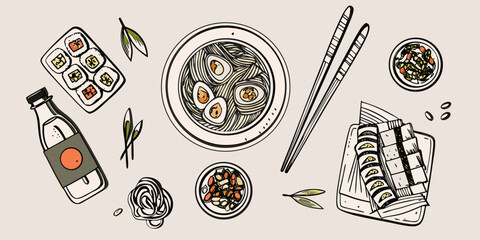 japanese cuisine flat lay with sushi ramen and condiments hand drawn illustration © Rina