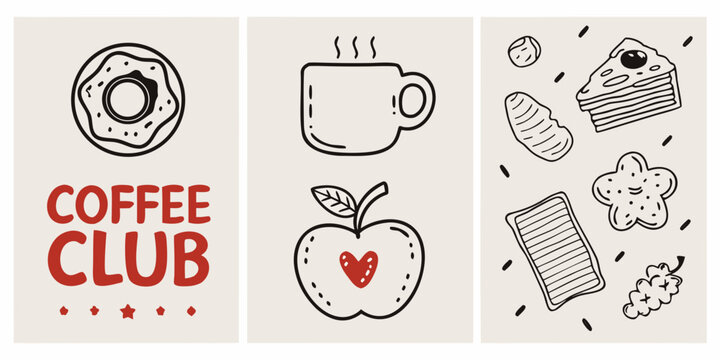breakfast themed triptych with doodle style illustrations of coffee donuts and fruit