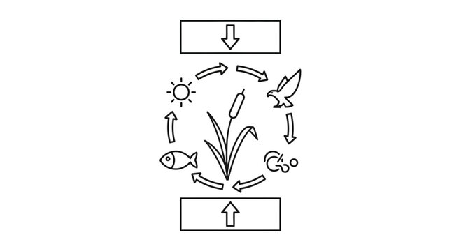Ecosystem Diagram: Sun, Plant, Fish, Bird, Decomposers, Energy Flow
