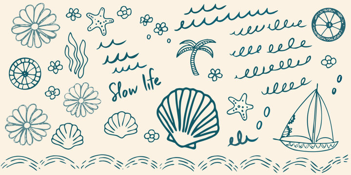 beach themed doodles and illustrations with shells flowers and a sailboat on a beige background